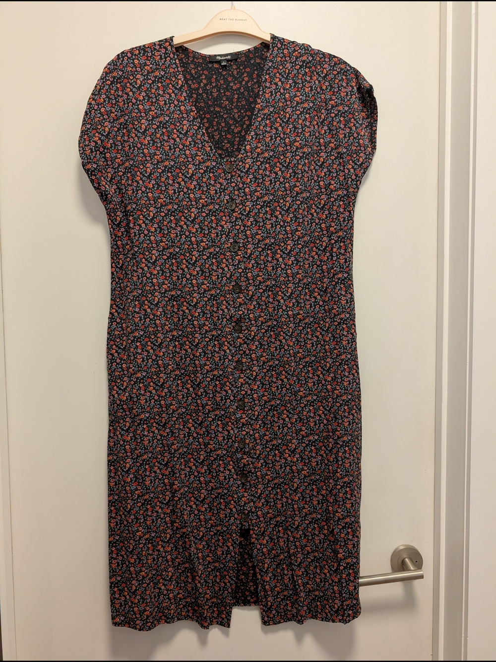 Madewell Black Midi Dress with Coral and Pink Floral Print